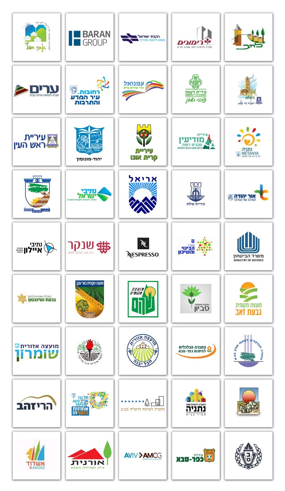 קיר לוגואים של לקוחות החברה: עיריות תל אביב, ירושלים, נתניה, רעננה, מודיעין, חולון ואילת; רכבת ישראל, נתיבי ישראל, נתיבי איילון, משרד הביטחון, משרד הבינוי והשיכון, קבוצת ברן, שנקר, Nespresso ועשרות ארגונים נוספים